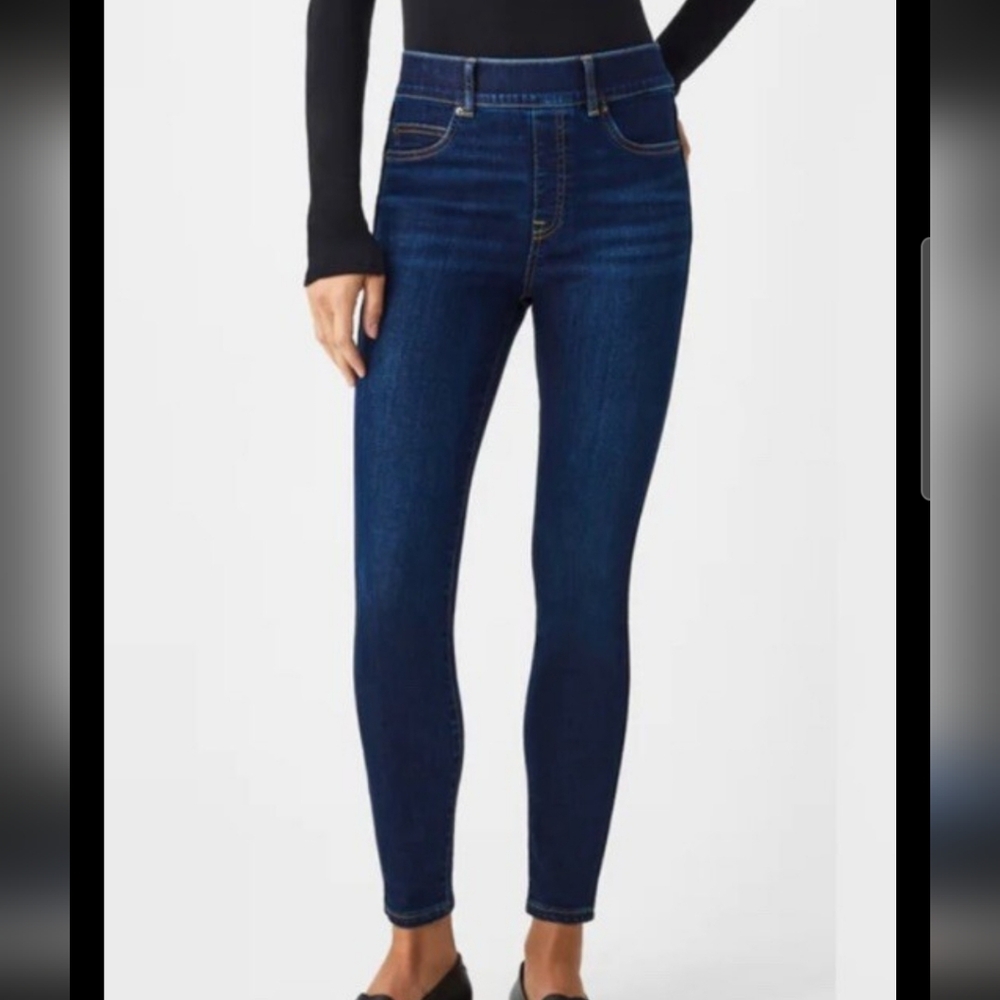 SPANX ANKLE SKINNY Dark Blue Pull-on Jeans Jeggings Croped Sz LP Indy Sleeze